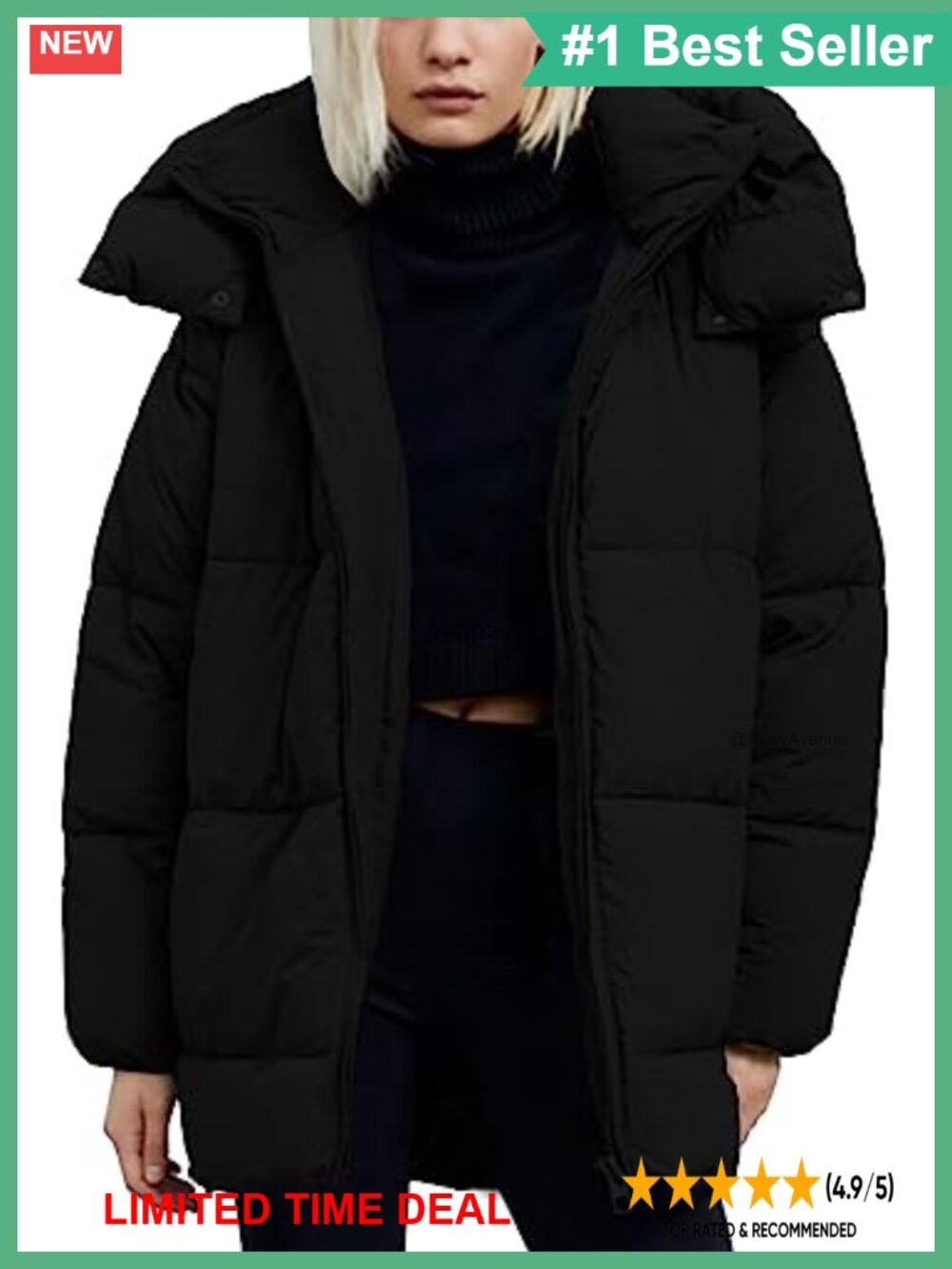 Warm Winter Puffer Coat Hooded Full Zip Mid-Length Nylon